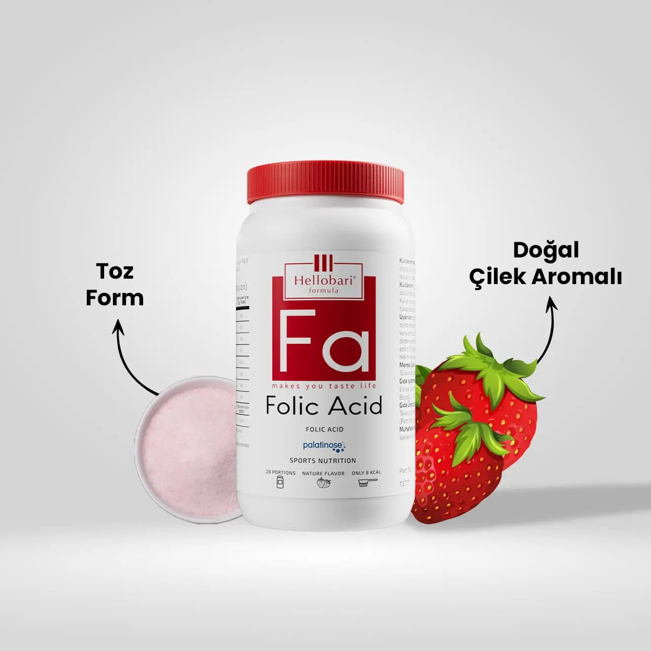Hellobari Folic Acid Toz Form Doğal Çilek Aromalı Folik Asit Takviyesi