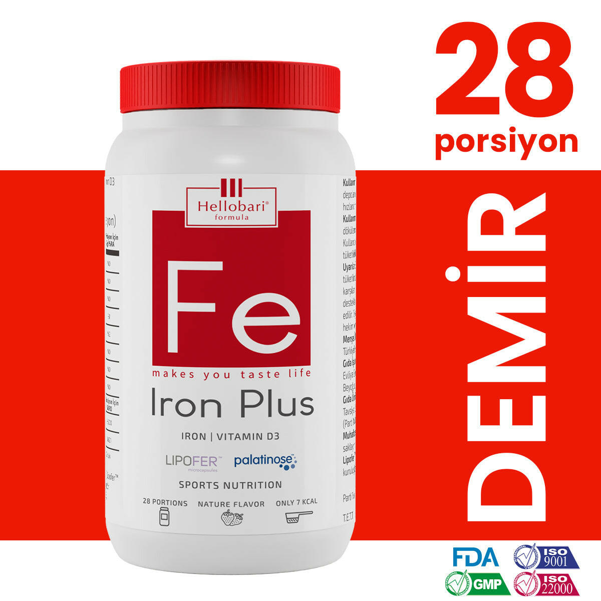 Hellobari Iron Plus | Doğal Çilek Aromalı | 28 Porsiyon - Hellobari