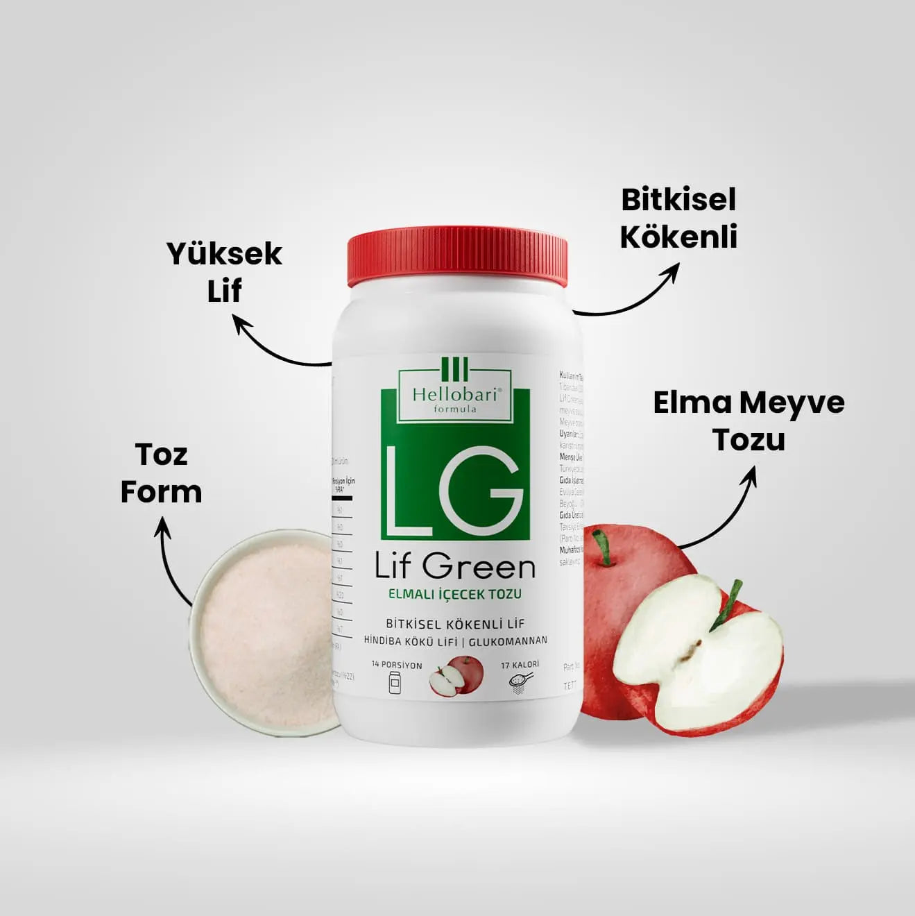 Hellobari Lif Green Toz Form Gerçek Elma Tozu Doğal Lif Kaynağı Glukomannan Hindiba Kökü Lifi