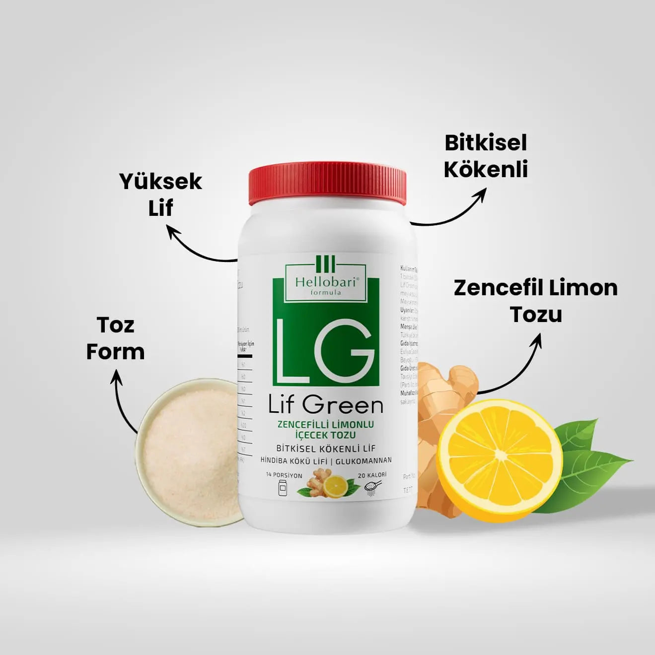 Hellobari Lif Green Toz Form Gerçek Zencefil Limon Tozu Doğal Lif Kaynağı Glukomannan Hindiba Kökü Lifi