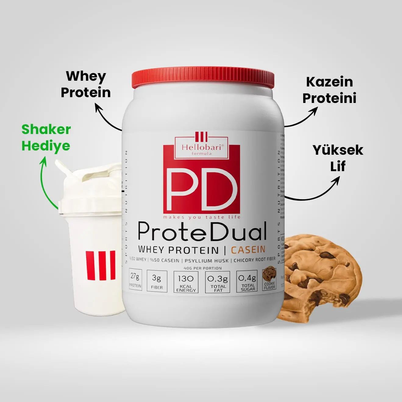 Hellobari ProteDual 28 Porsiyon Kurabiye Aromalı %50 Whey Protein %50 Kazein Proteini İle Size Destek Olur